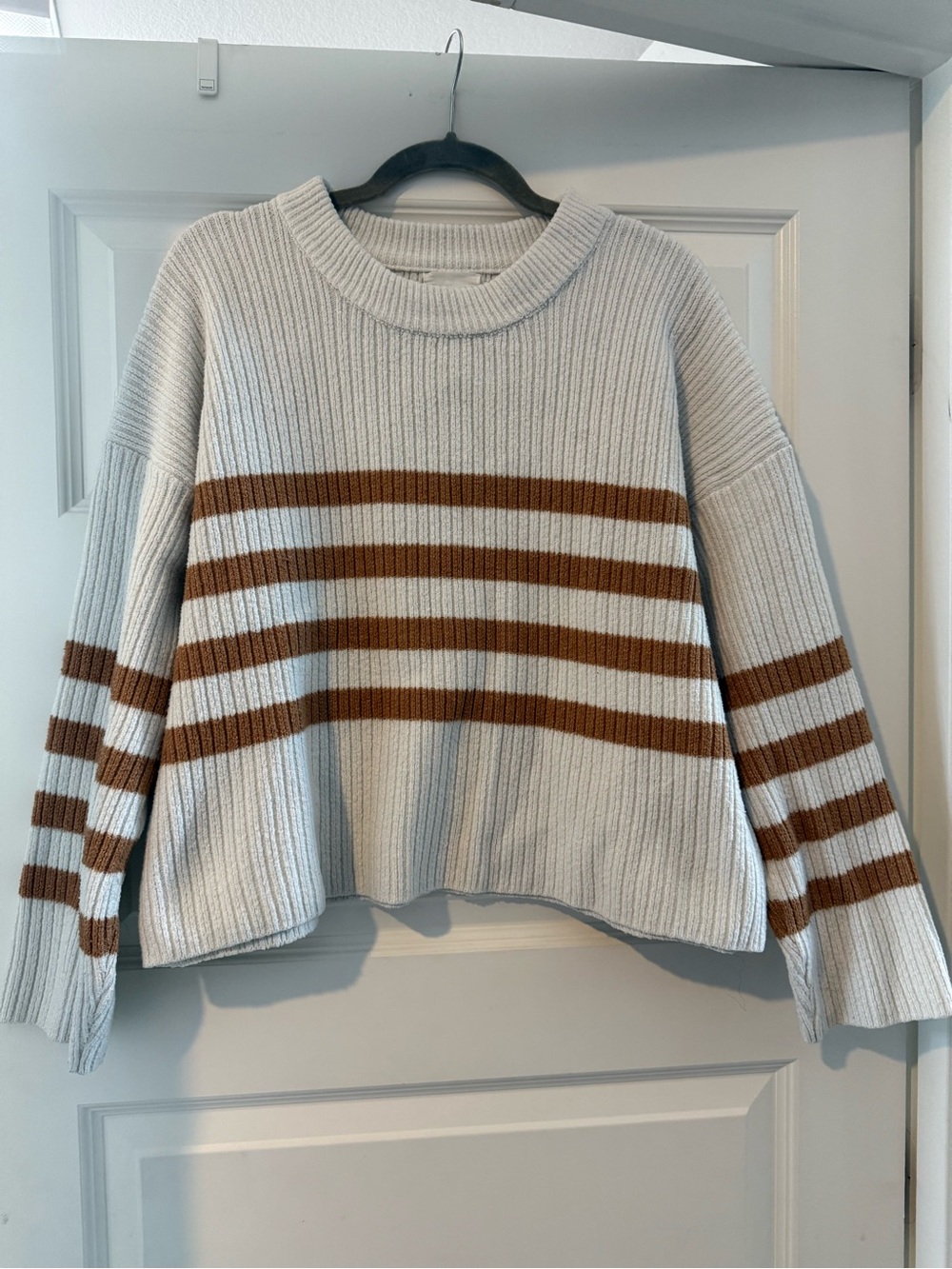 Crewneck Striped Sweater in Cream and Brown